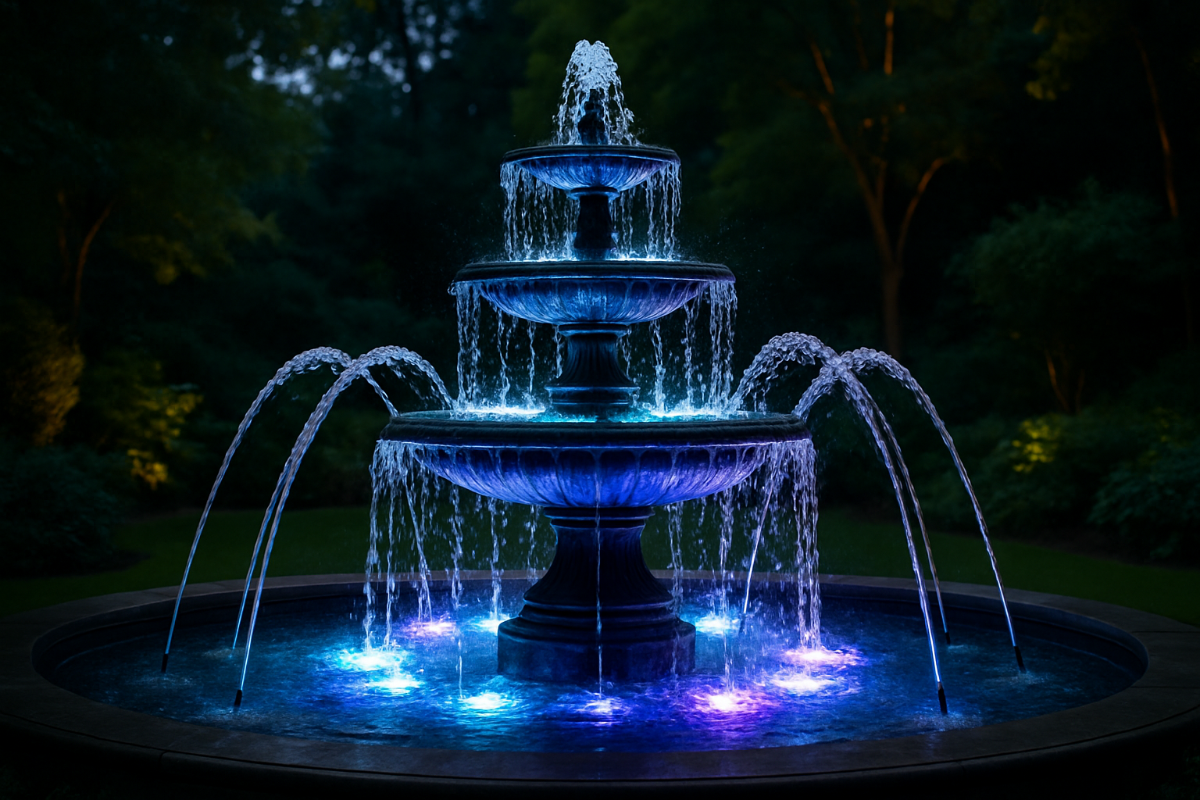 decorative water fountain with water spraying and underwater lights